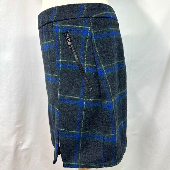 Dee Dee Wool Gray Blue Plaid Mini Skirt Pockets Side Slit Womens L Preppy Grunge - Picture 4 of 8